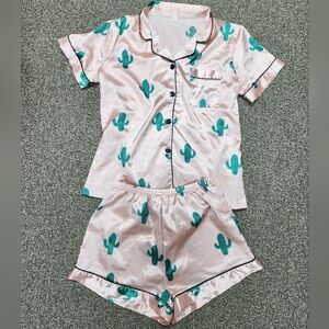 Cactus Print Satin Pajama Set - Pink and Green